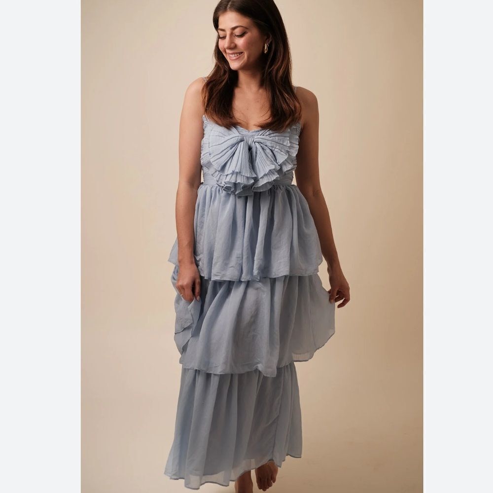 Sofie the Label Fiona Solid Tiered Bow Detail Midi Dress (Blue)